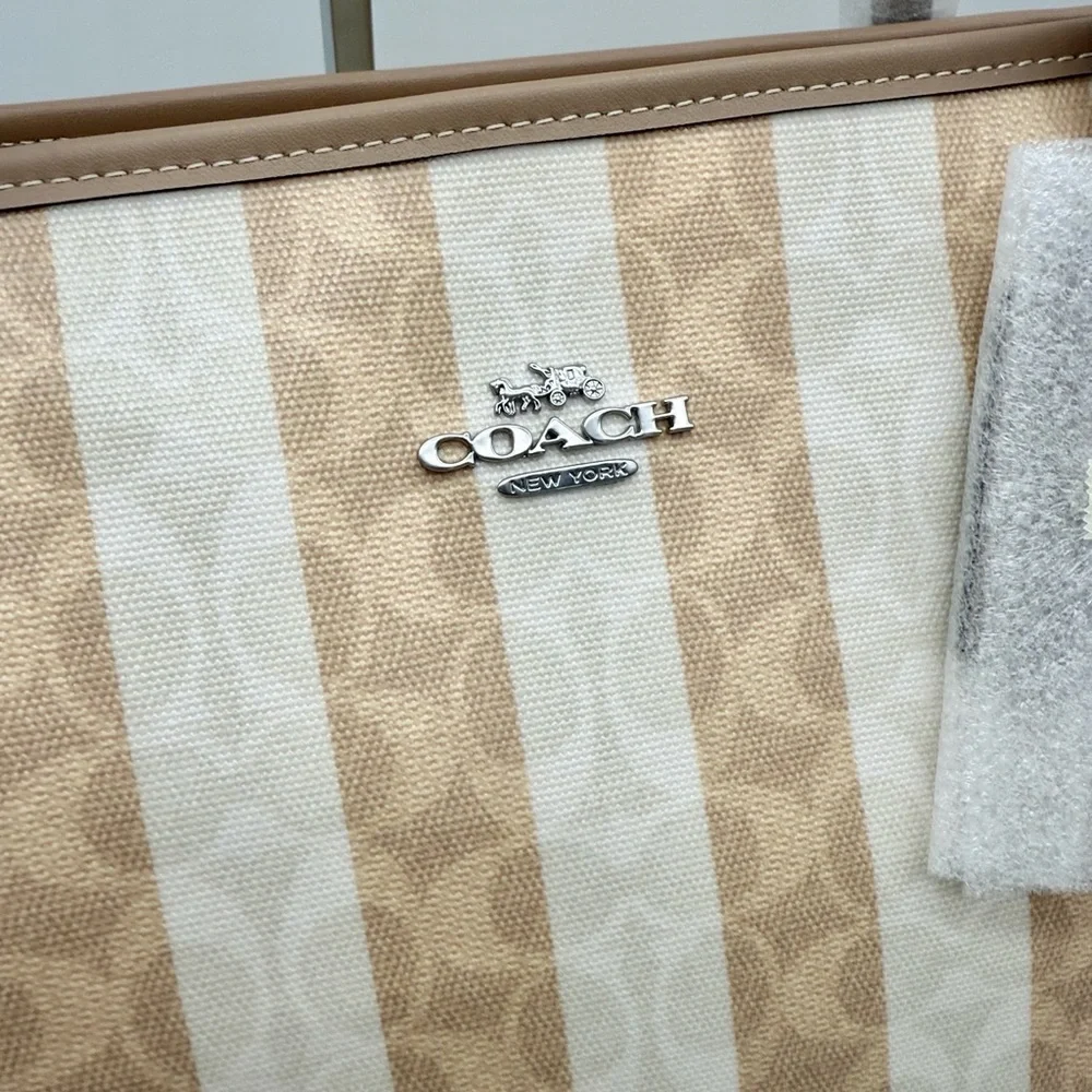 Coach Large City Tote Bag In Signature Canvas With Stripe Silver Sand Tan